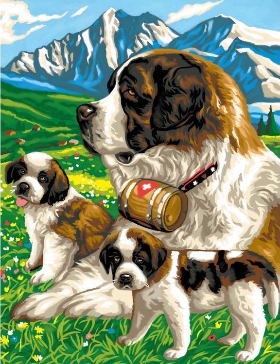 Perro y Dos Perritos en el Césped Pintar por Números