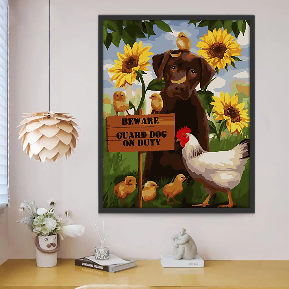 Perro y Gallina y Pollitos con Girasoles Pintar por Números
