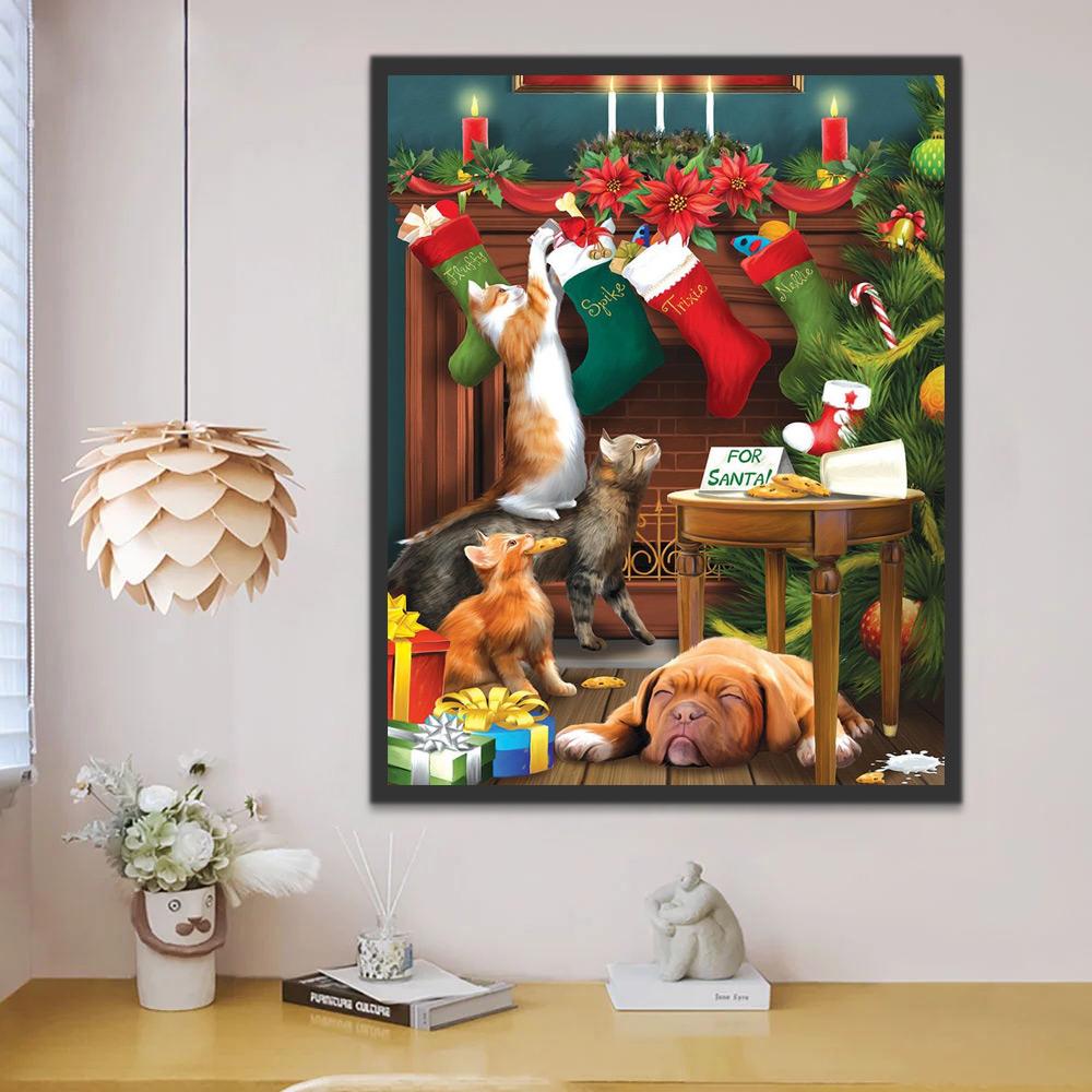 Perro y Gatos en el Salón de Navidad Pintar por Números