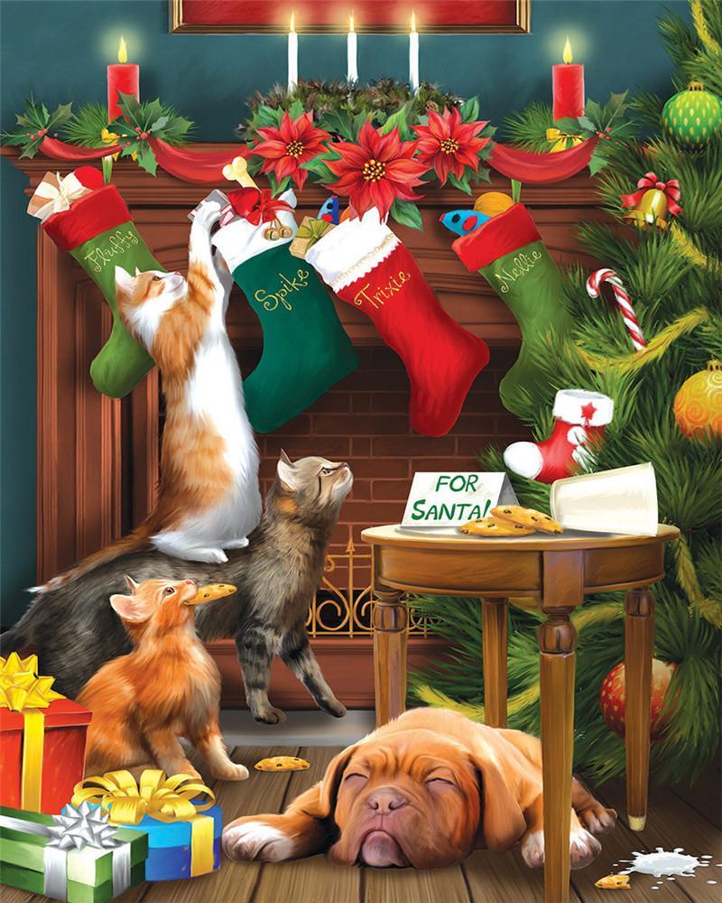Perro y Gatos en el Salón de Navidad Pintar por Números