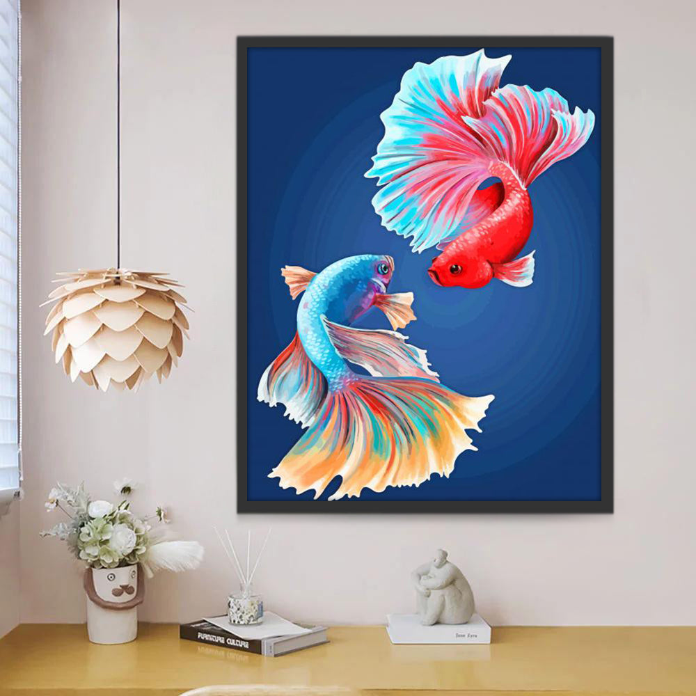 Pez Betta Rojo y Azul con Fondo Azul Oscuro Pintar por Números