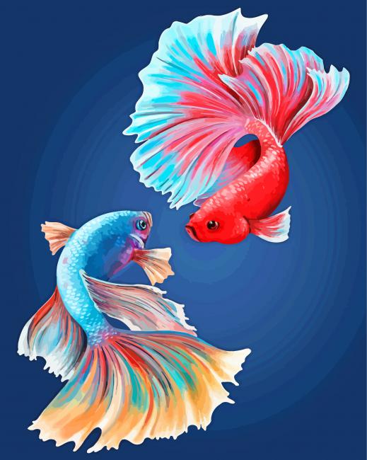 Pez Betta Rojo y Azul con Fondo Azul Oscuro Pintar por Números