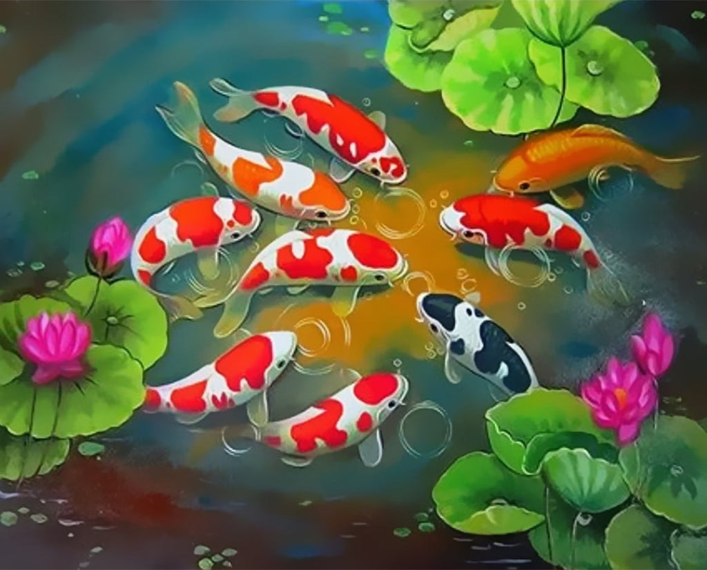 Pez Koi y Nelumbio Nucifera Pintar por Números