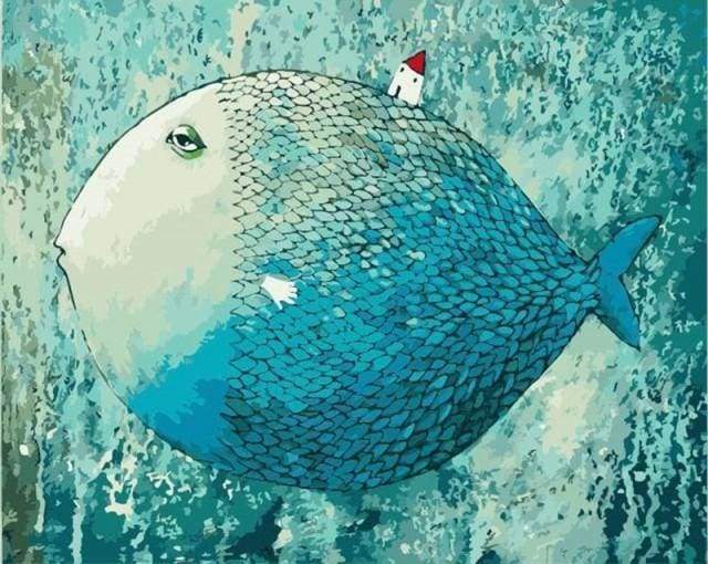 Pez Redondo Azul con Casita Roja Pintar por Números