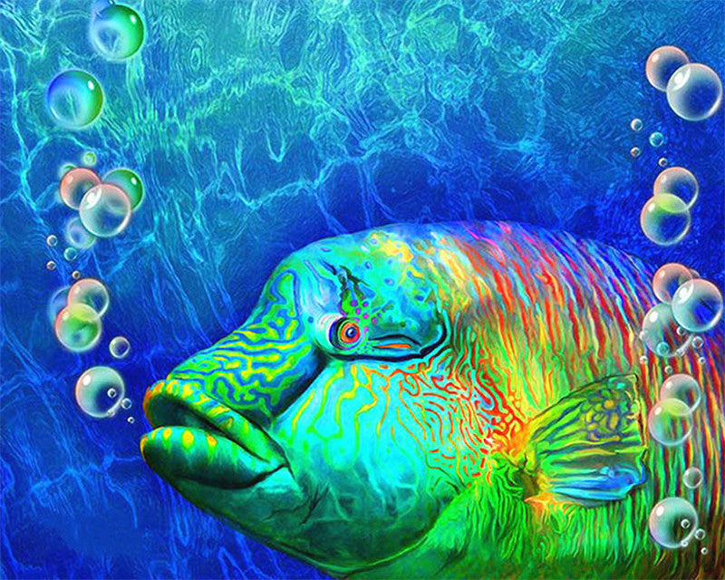 Pez Verde Brillante y Burbujas Pintar por Números