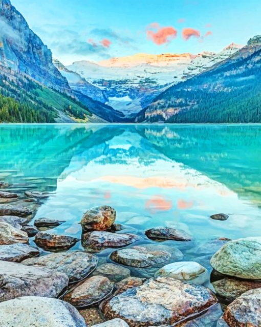 Piedras en el Lago con Montañas al Fondo Pintar por Números