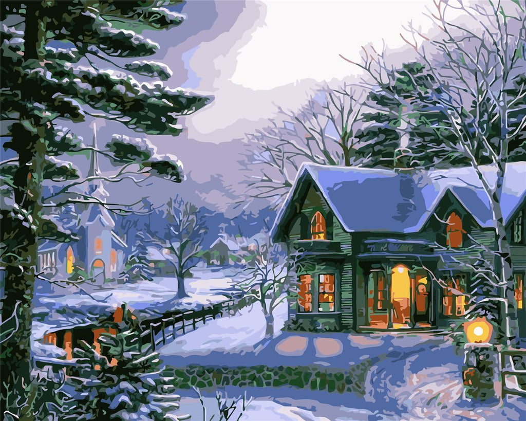 Pinos y Casas en la Nieve Pintar por Números