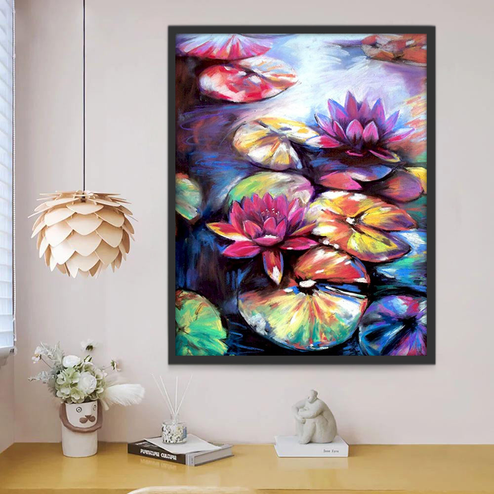 Pintura Abstracta de Nenúfares Morados y Hojas Coloridas Pintar por Números
