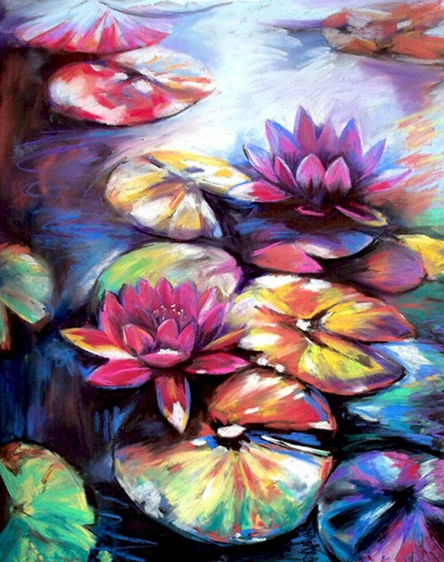 Pintura Abstracta de Nenúfares Morados y Hojas Coloridas Pintar por Números
