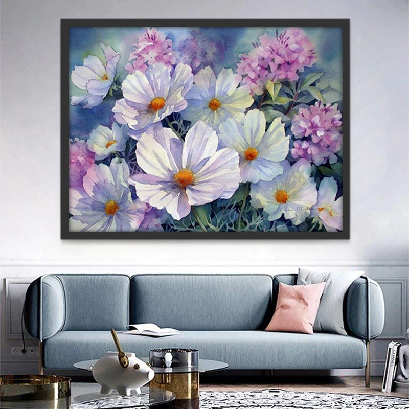 Pintura Acuática de Flores Blancas y Moradas Pintar por Números