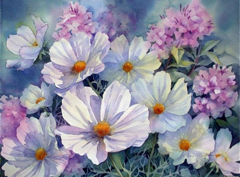 Pintura Acuática de Flores Blancas y Moradas Pintar por Números
