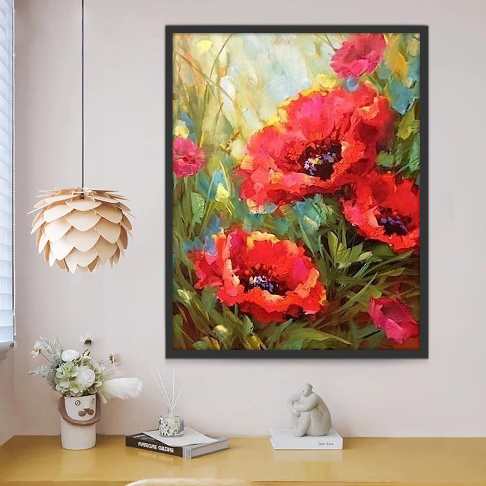 Pintura al Óleo de Amapolas Rojas en el Prado Verde Pintar por Números