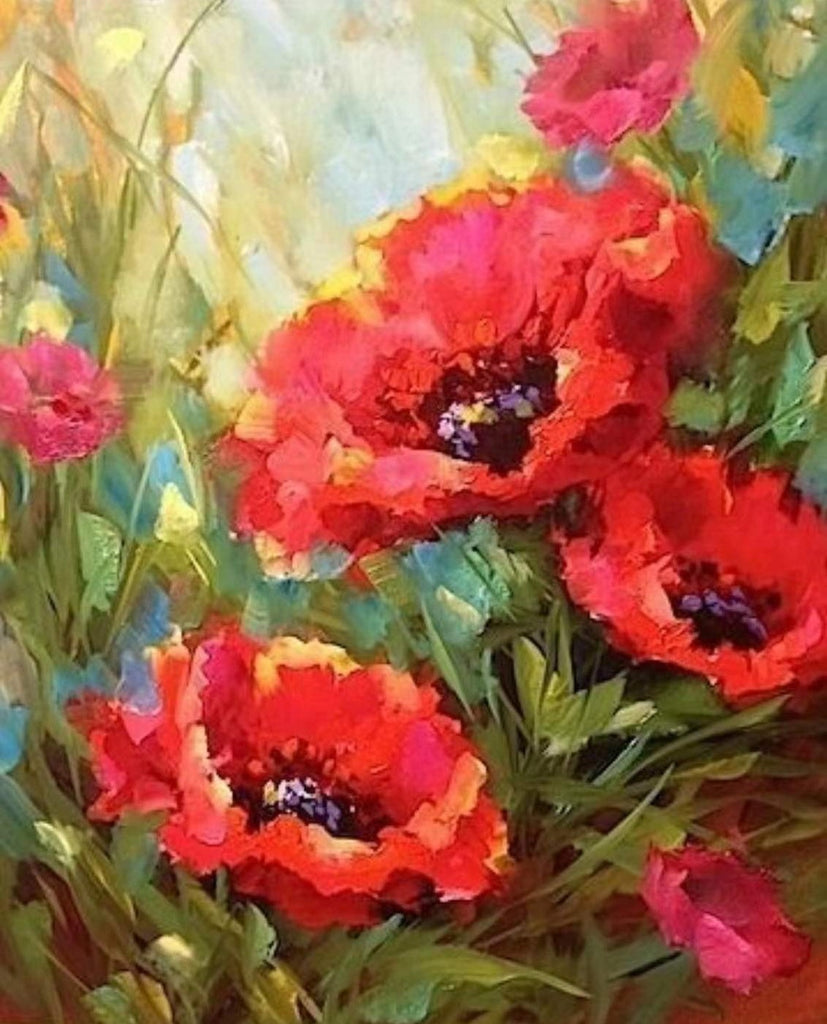 Pintura al Óleo de Amapolas Rojas en el Prado Verde Pintar por Números