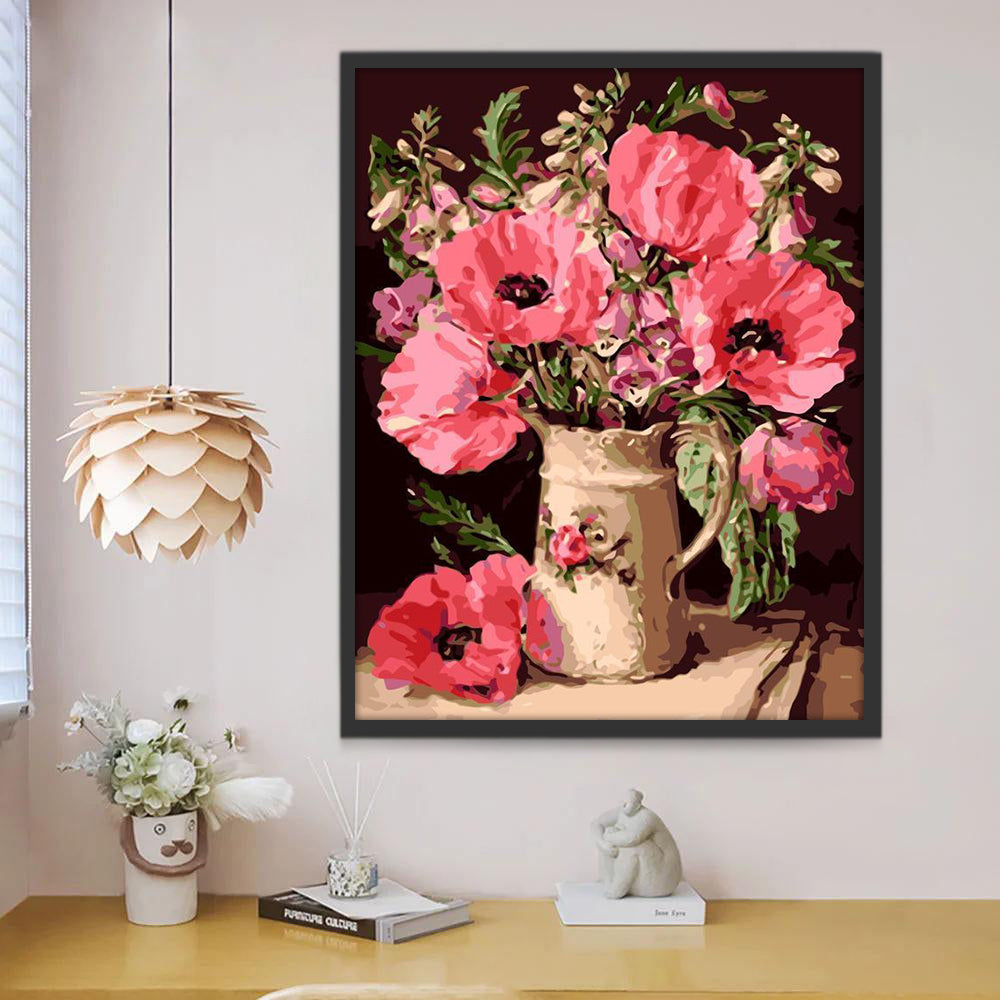 Pintura al Óleo de Amapolas Rosadas en Florero Blanco Pintar por Números