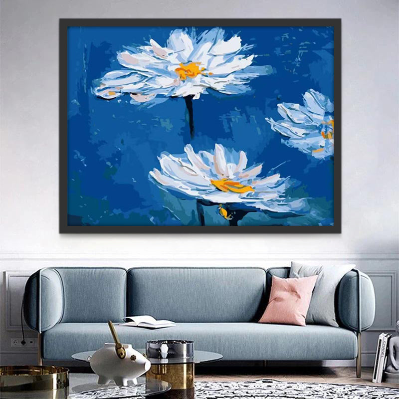 Pintura al Óleo de Camomilas con Fondo Azul Oscuro Pintar por Números