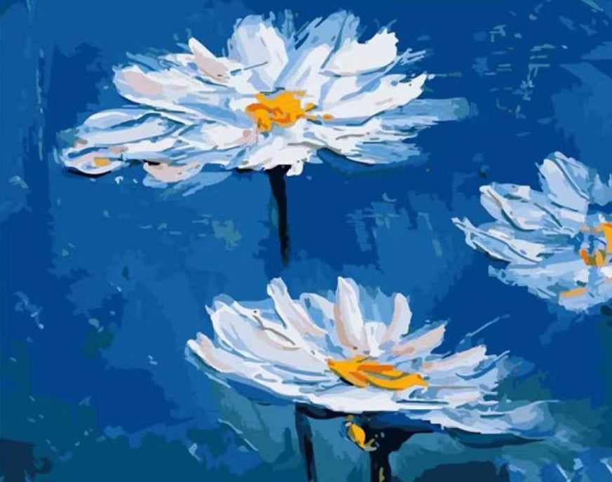 Pintura al Óleo de Camomilas con Fondo Azul Oscuro Pintar por Números