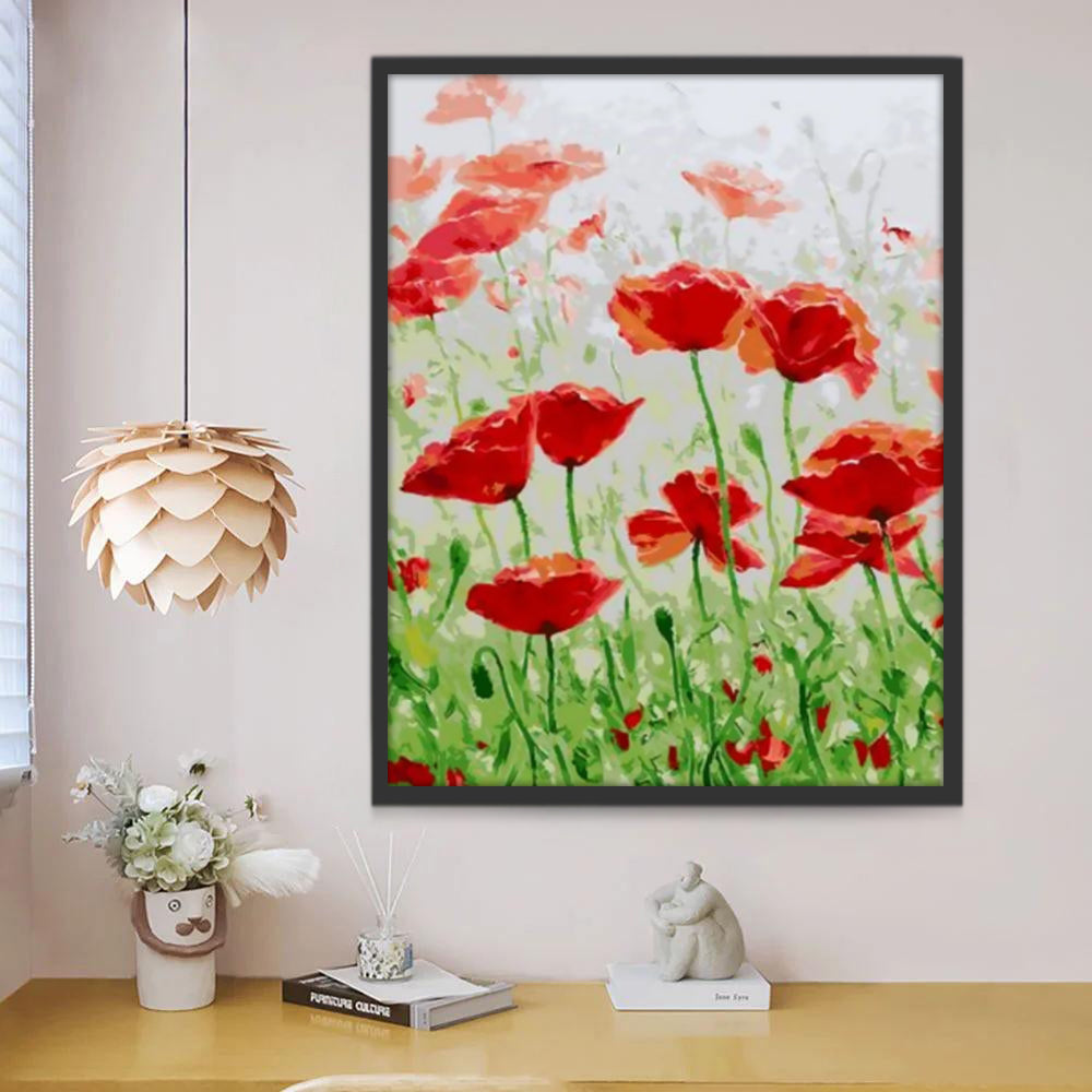 Pintura al Óleo de Césped Verde de Amapolas Rojas Pintar por Números