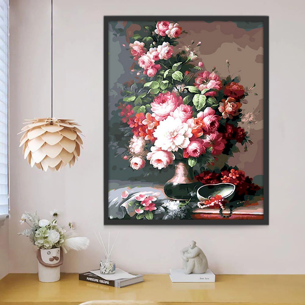 Pintura al Óleo de Flores Bonitas en Florero sobre Mesa Pintar por Números