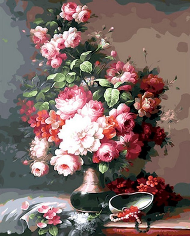 Pintura al Óleo de Flores Bonitas en Florero sobre Mesa Pintar por Números