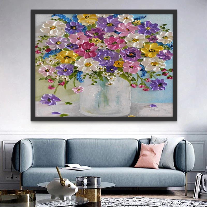 Pintura al Óleo de Flores Coloridas en Florero de Vidrio Pintar por Números