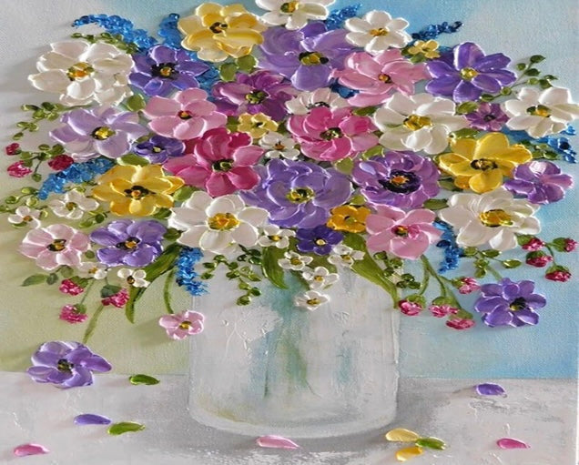Pintura al Óleo de Flores Coloridas en Florero de Vidrio Pintar por Números