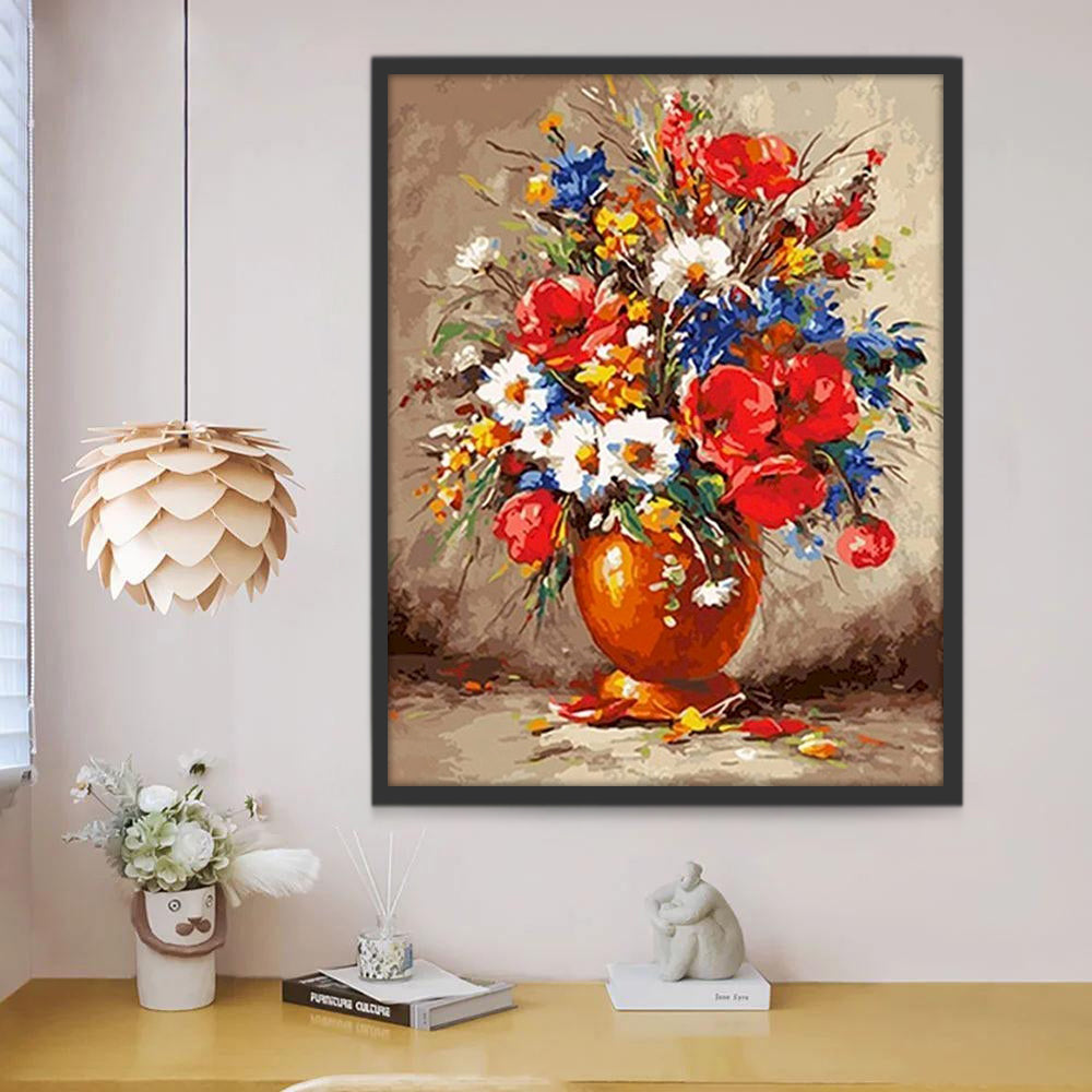 Pintura al Óleo de Flores Coloridas en Florero Dorado Pintar por Números