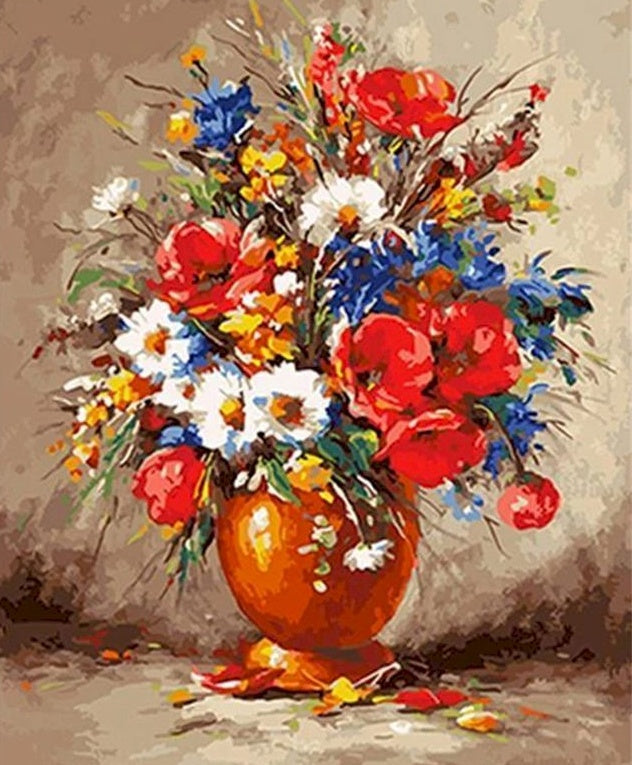 Pintura al Óleo de Flores Coloridas en Florero Dorado Pintar por Números