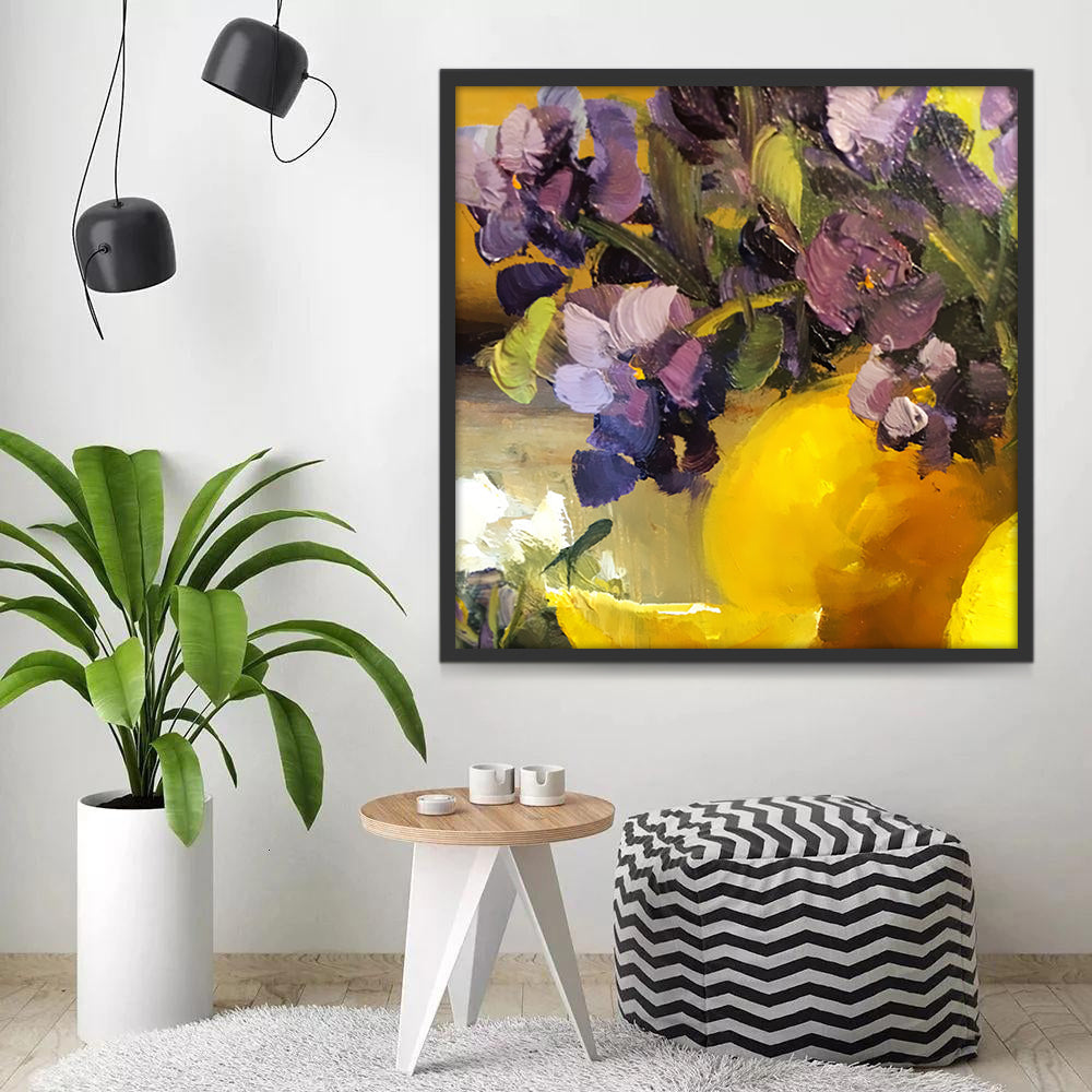 Pintura al Óleo de Flores Moradas y Limón Amarillo Pintar por Números