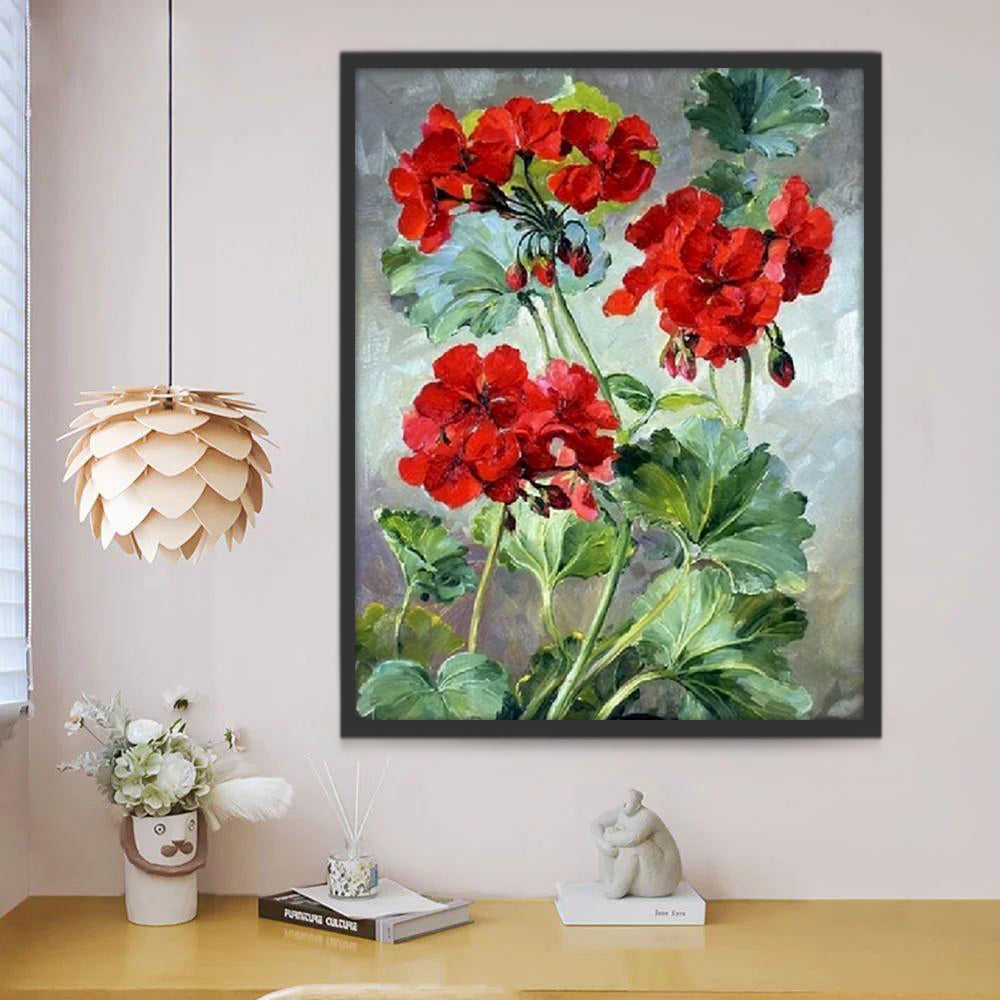 Pintura al Óleo de Flores Rojas Brillantes y Hojas Verdes Pintar por Números