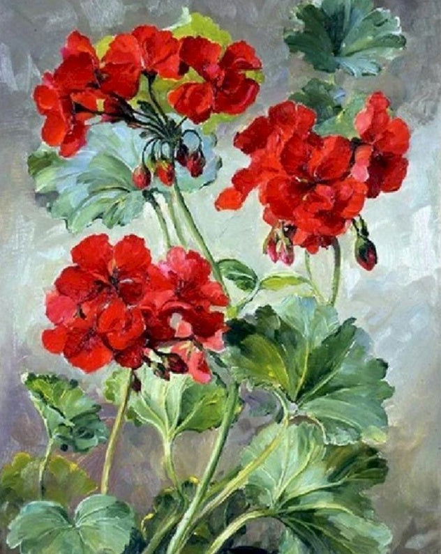 Pintura al Óleo de Flores Rojas Brillantes y Hojas Verdes Pintar por Números