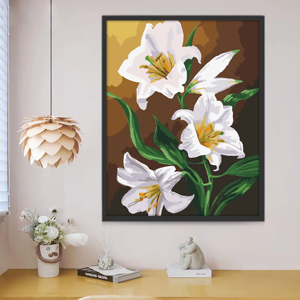 Pintura al Óleo de Lirios Blancos con Hojas Verdes Pintar por Números