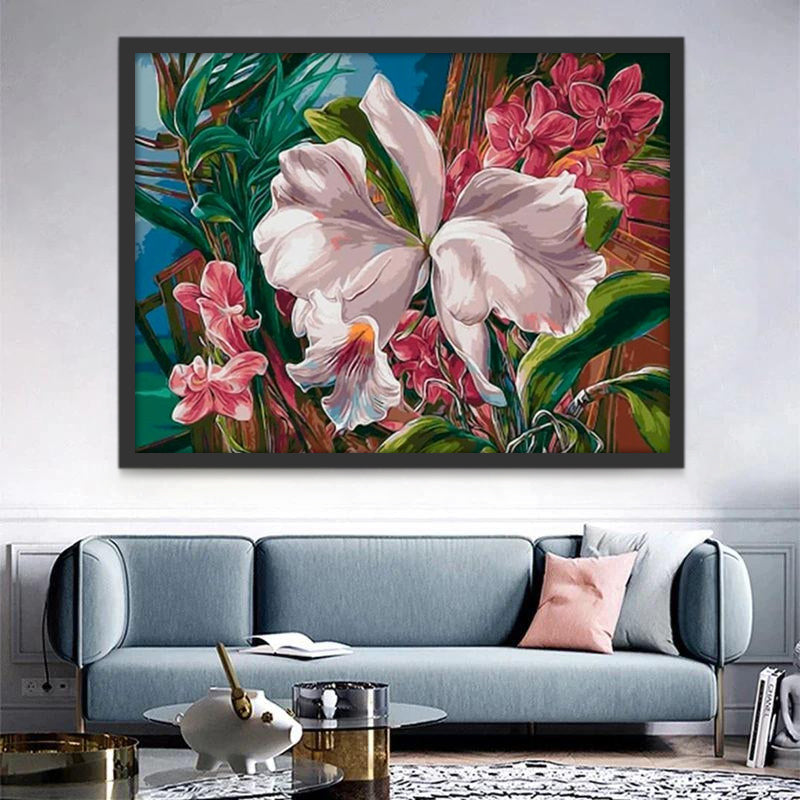 Pintura al Óleo de Orquídeas Rojas y Iris Blanco Pintar por Números