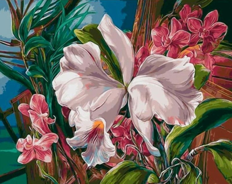 Pintura al Óleo de Orquídeas Rojas y Iris Blanco Pintar por Números