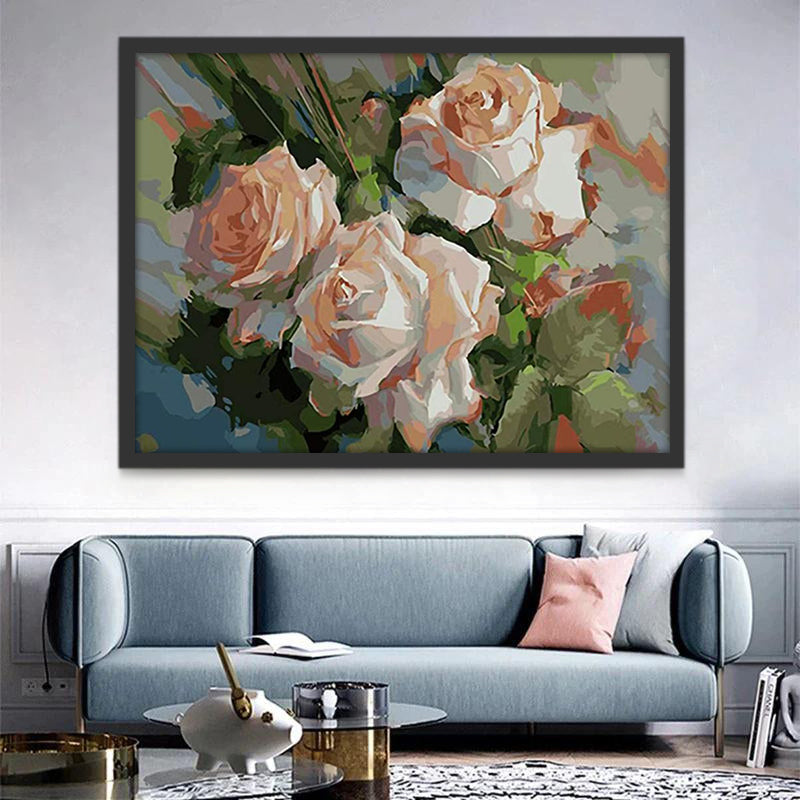 Pintura al Óleo de Rosas Blancas y Hojas Verdes Pintar por Números