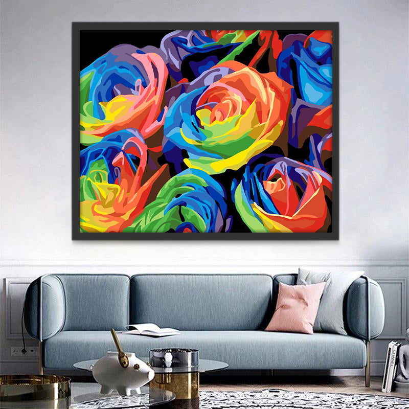 Pintura al Óleo de Rosas de Color Arcoíris con Fondo Negro Pintar por Números