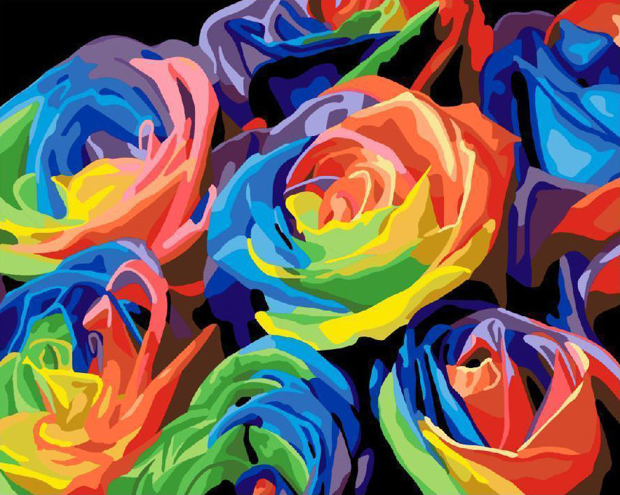 Pintura al Óleo de Rosas de Color Arcoíris con Fondo Negro Pintar por Números