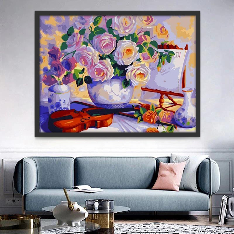 Pintura al Óleo de Rosas en Florero y Violín sobre Mesa Pintar por Números
