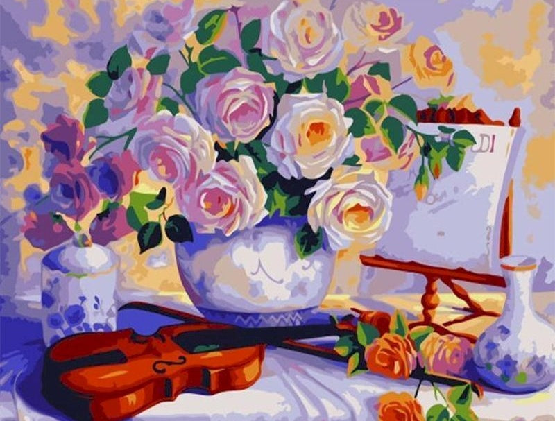 Pintura al Óleo de Rosas en Florero y Violín sobre Mesa Pintar por Números