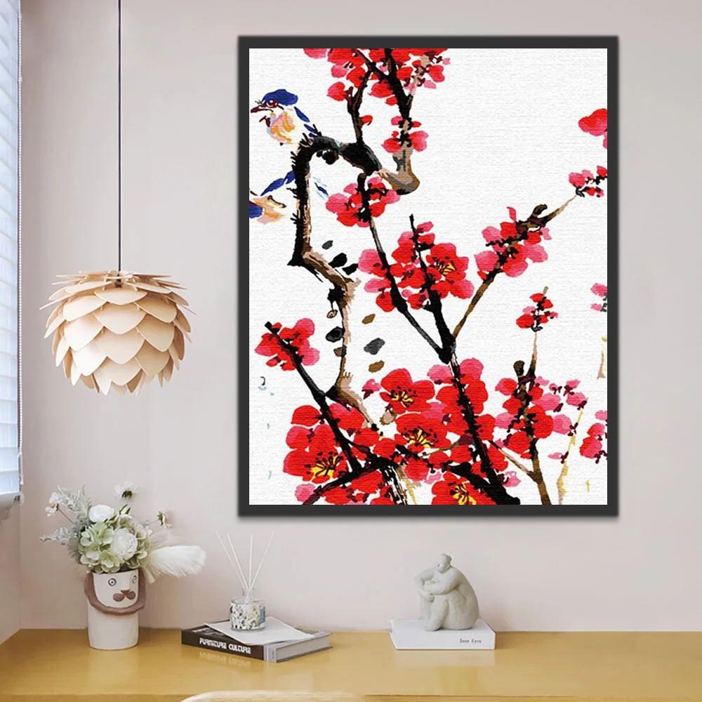 Pintura China Tradicional de Flores de Ciruelo Rojo y Pájaros Pintar por Números