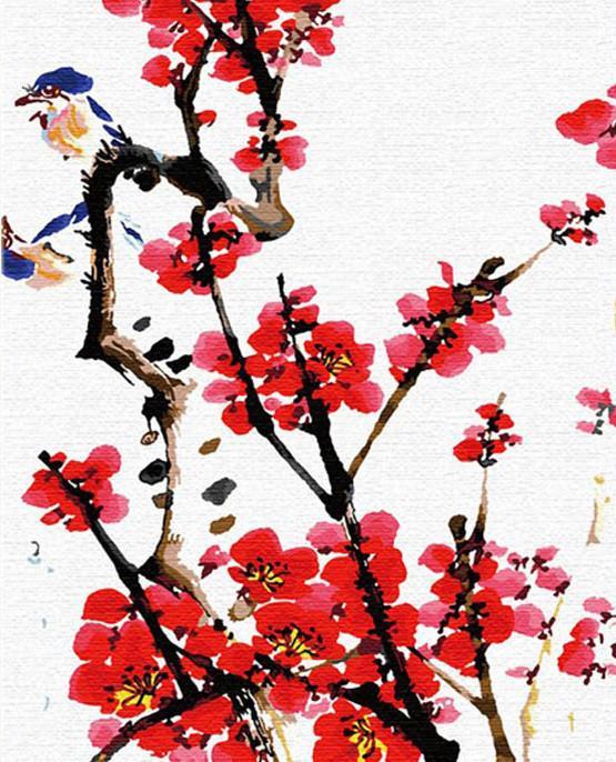 Pintura China Tradicional de Flores de Ciruelo Rojo y Pájaros Pintar por Números