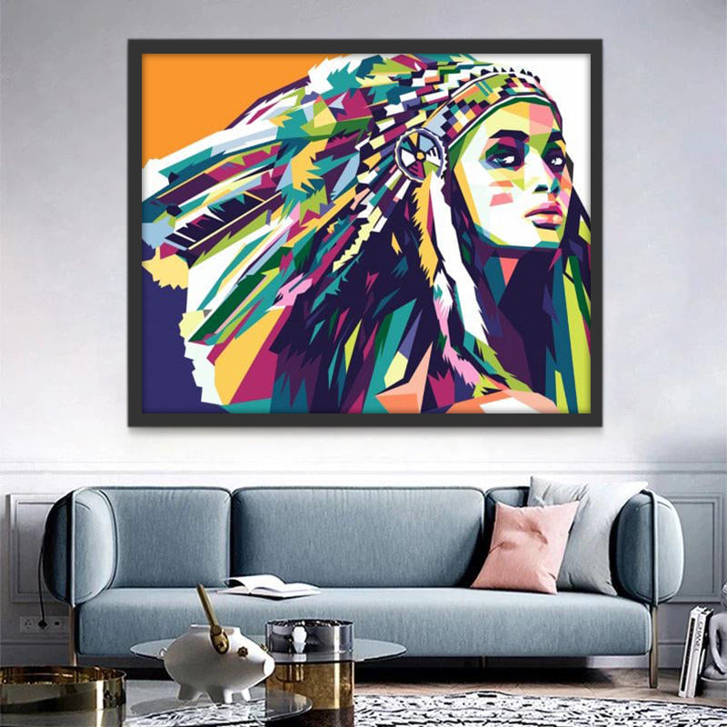 Pintura Colorida de Chica Indígena con Tocado de Plumas Pintar por Números