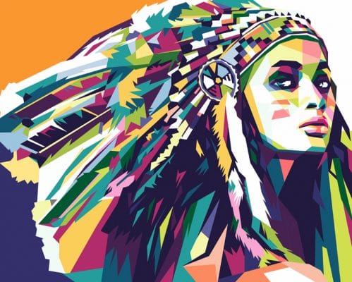 Pintura Colorida de Chica Indígena con Tocado de Plumas Pintar por Números