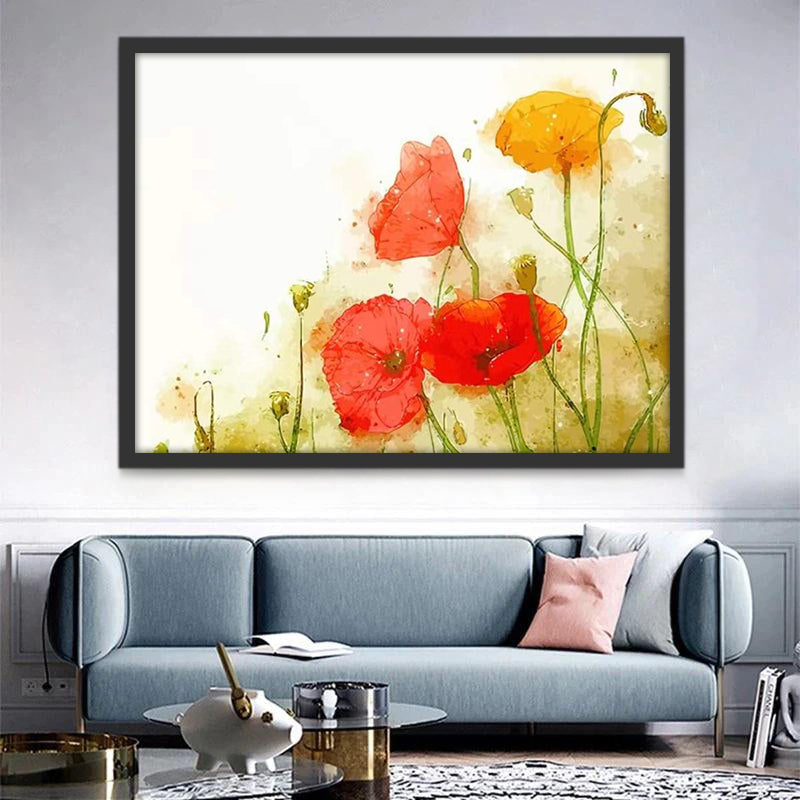 Pintura de Acuarela de Amapolas Rojas y Amarillas Pintar por Números