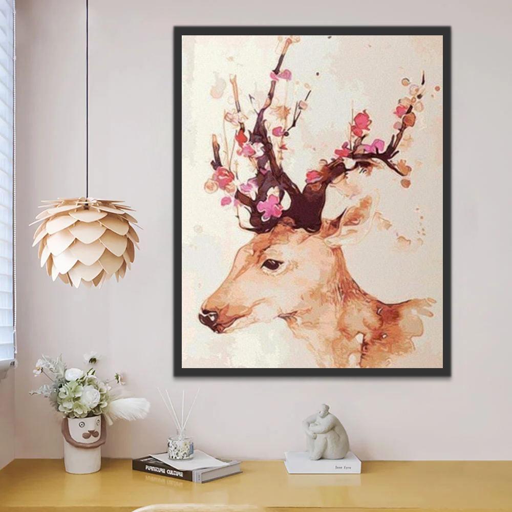 Pintura de Acuarela de Ciervo con Cuernos Florales Pintar por Números