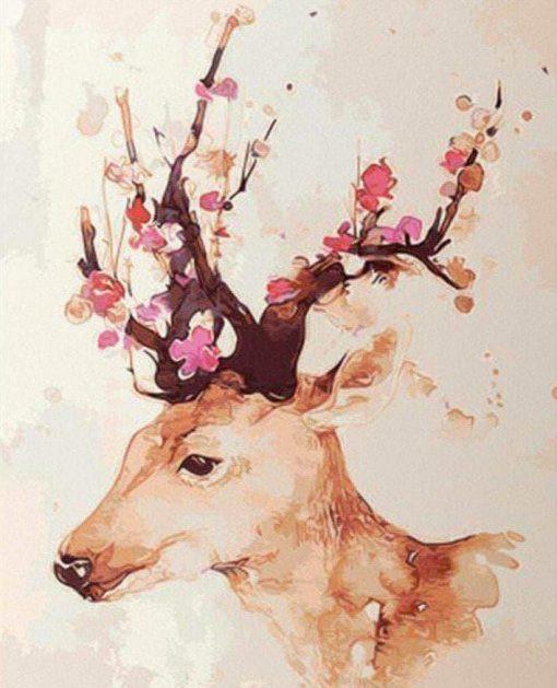 Pintura de Acuarela de Ciervo con Cuernos Florales Pintar por Números