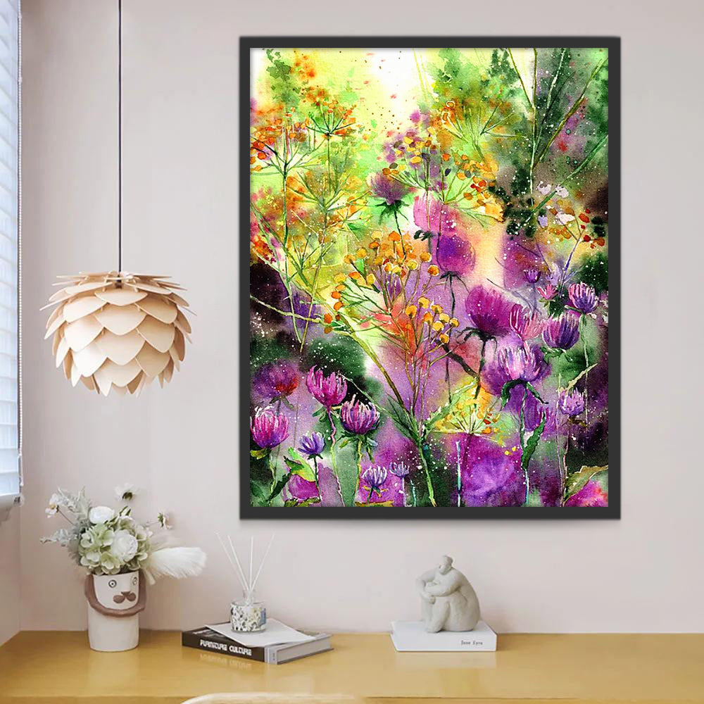 Pintura de Acuarela de Flores Moradas y Plantas Pintar por Números