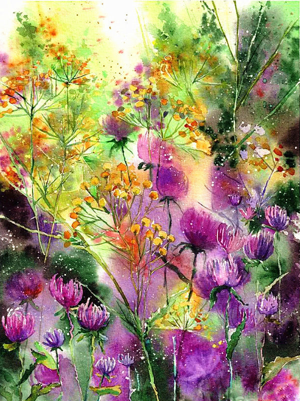 Pintura de Acuarela de Flores Moradas y Plantas Pintar por Números