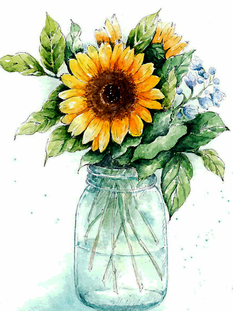Pintura de Acuarela de Girasoles en Botella de Vidrio Pintar por Números