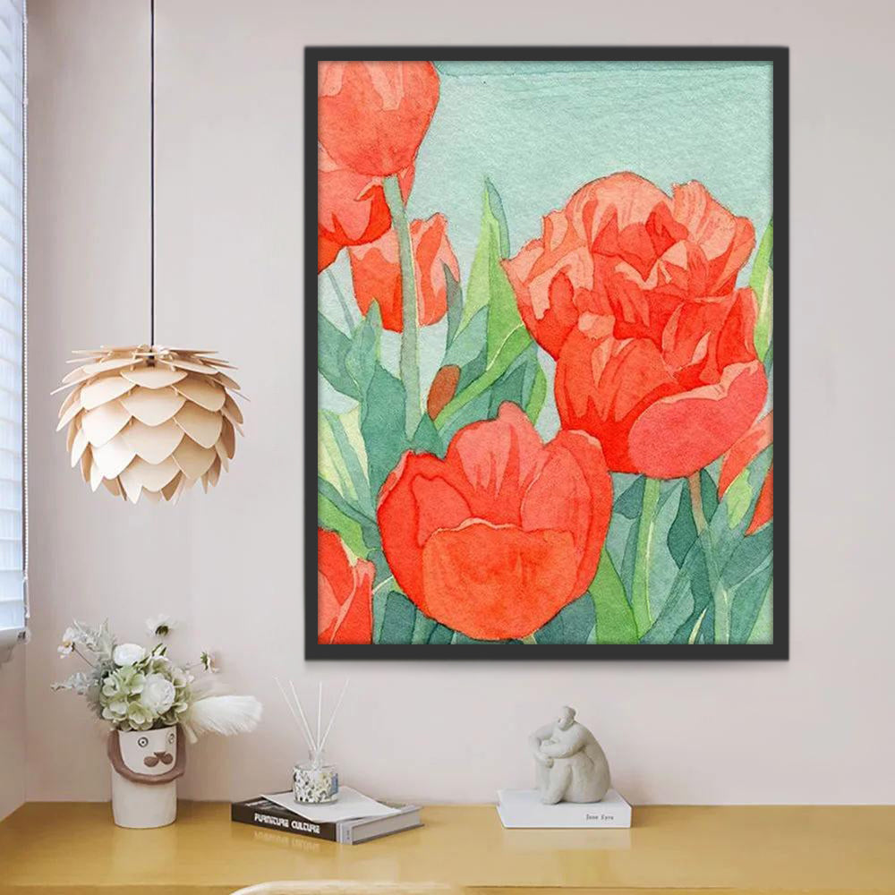 Pintura de Acuarela de Tulipanes Rojos con Hojas Verdes Pintar por Números