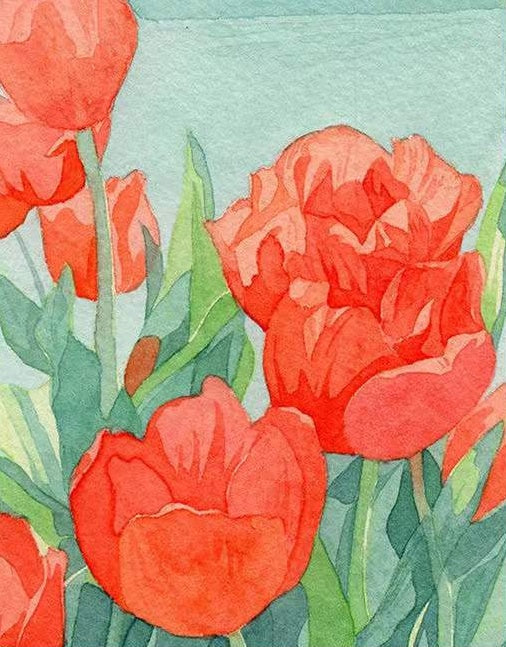Pintura de Acuarela de Tulipanes Rojos con Hojas Verdes Pintar por Números